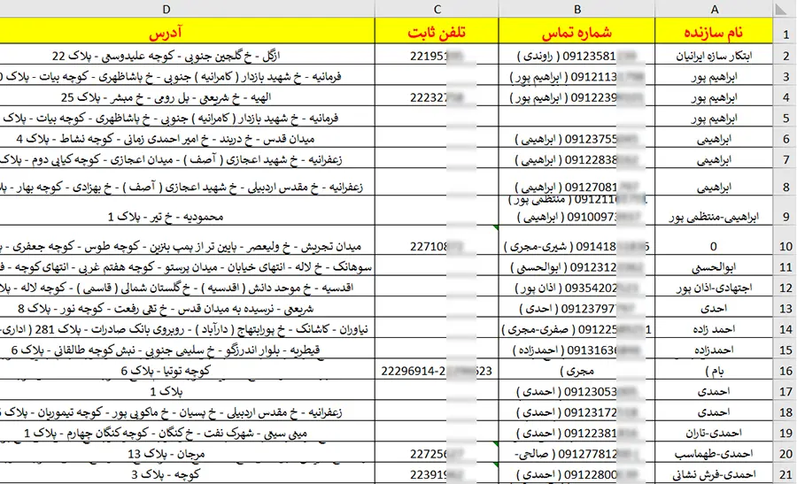 لیست و شماره تلفن سازندگان ساختمان منطقه ۱ تهران