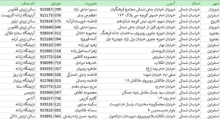 اطلاعات و شماره آرایشگاه های بانوان استان خراسان شمالی